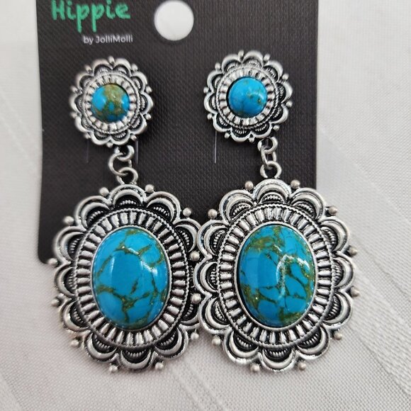 HIPPIE Turquoise & Silver Concho Medallion Western Earrings NWT - Picture 2 of 5